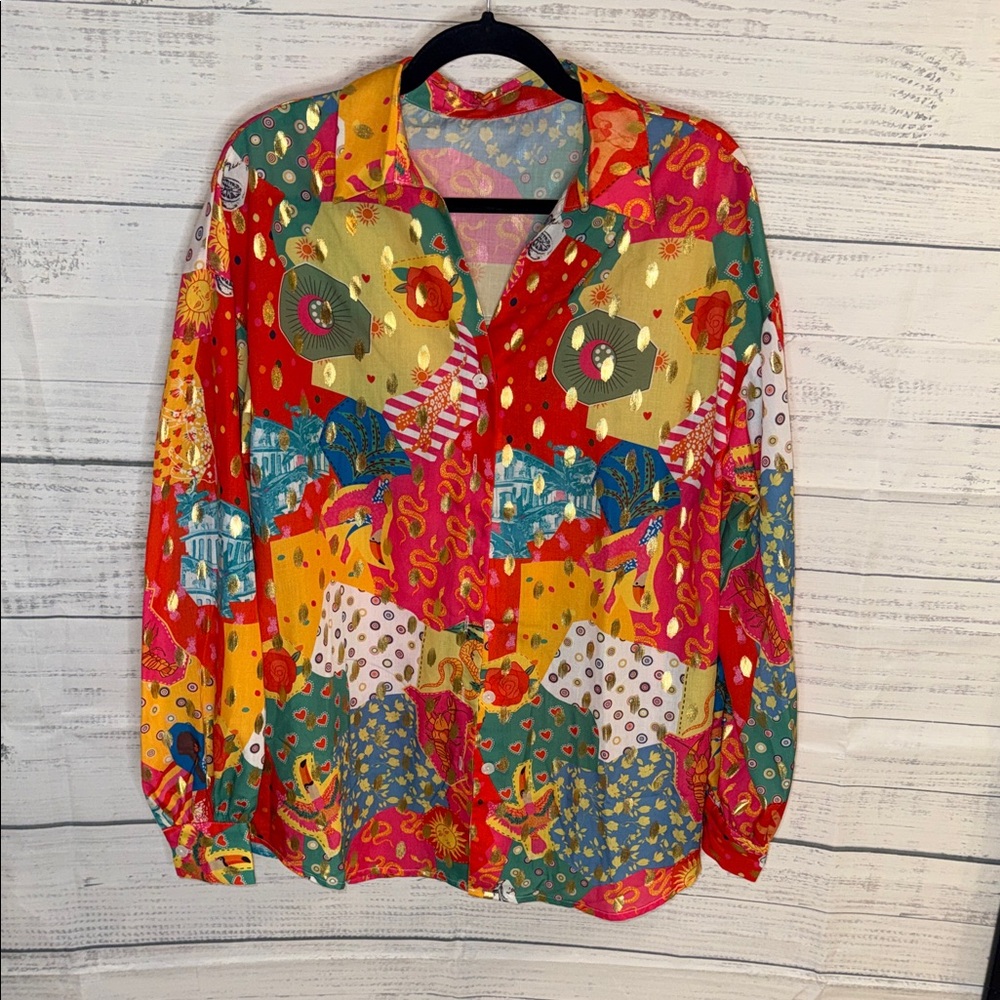NWOT Women’s Multi-Color Printed Button-Up Blouse - Picture 5 of 9
